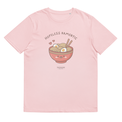 Pink organic t-shirt with a cartoon ramen bowl graphic and text 'Hopeless ramentic' on a white background