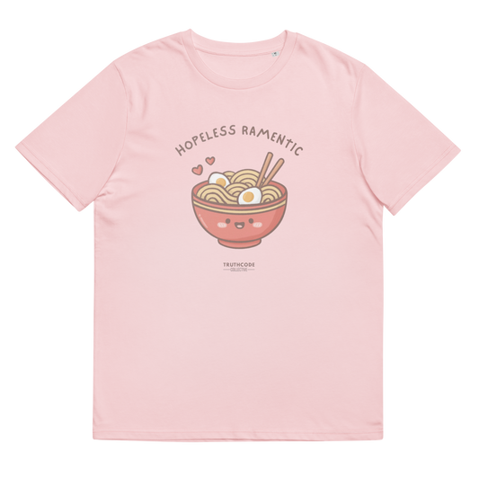 Pink organic t-shirt with a cartoon ramen bowl graphic and text 'Hopeless ramentic' on a white background