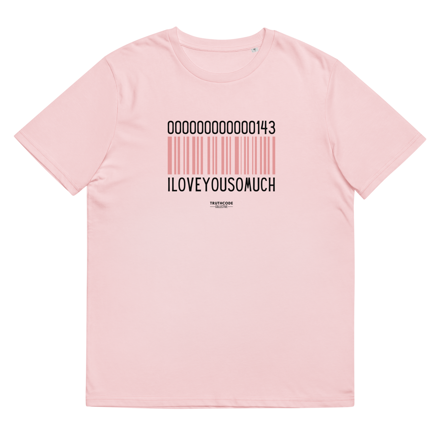Pink organic t-shirt with a barcode design and numbers 143, with text 'I love you so much' on a white background