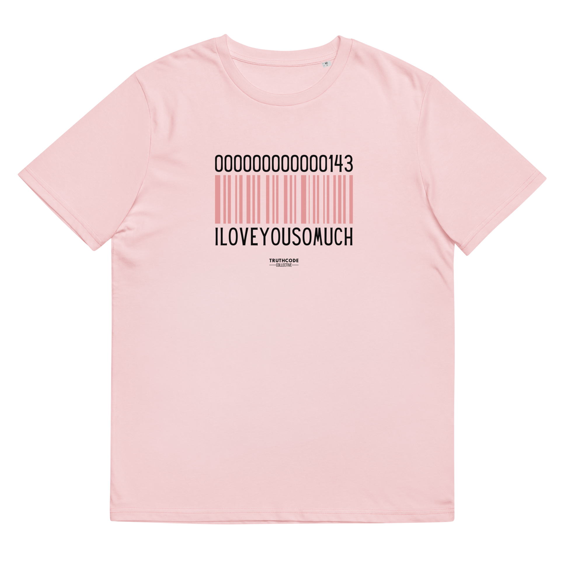 Pink organic t-shirt with a barcode design and numbers 143, with text 'I love you so much' on a white background