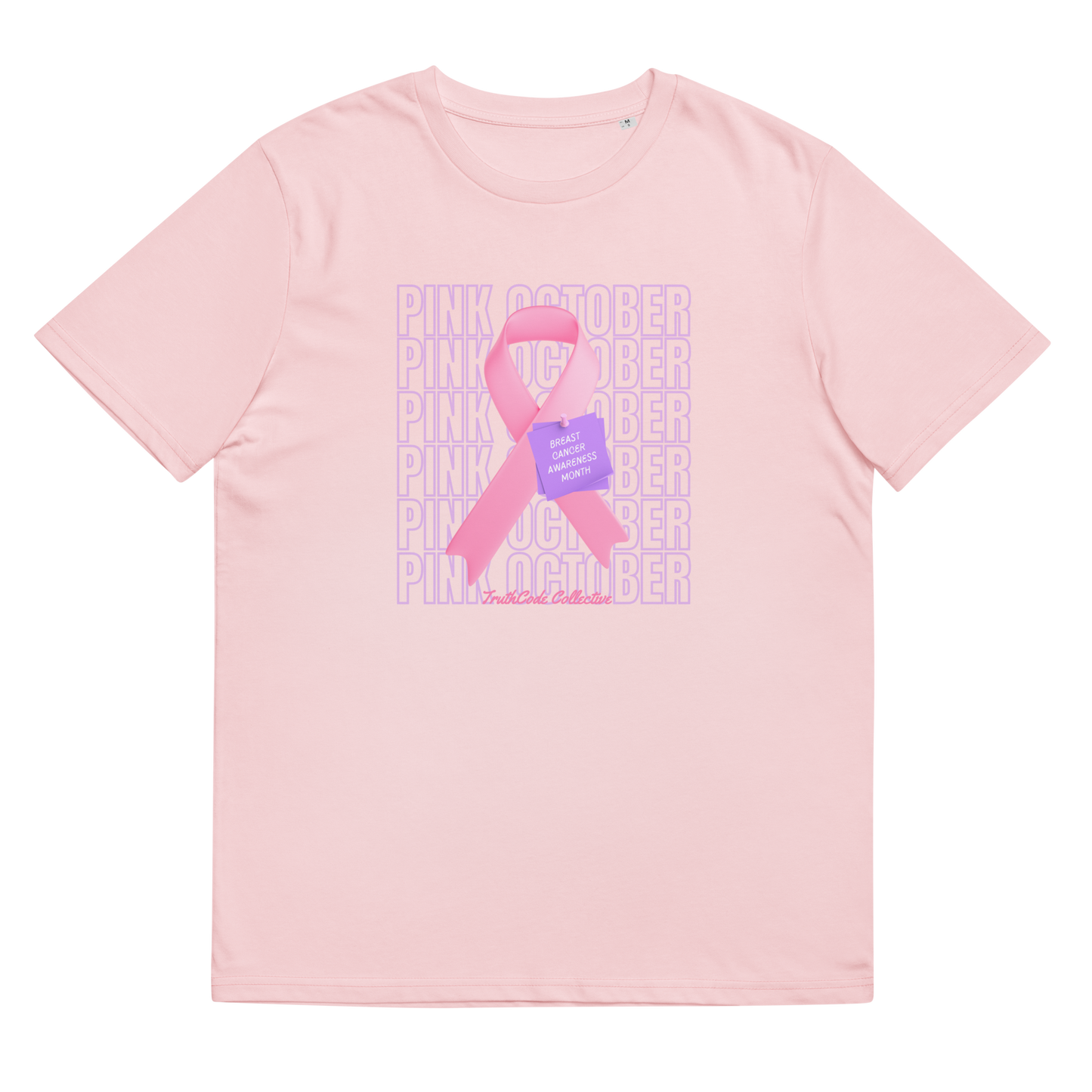 Pink organic t-shirt with a pink ribbon and 'Pink October' text on a white background