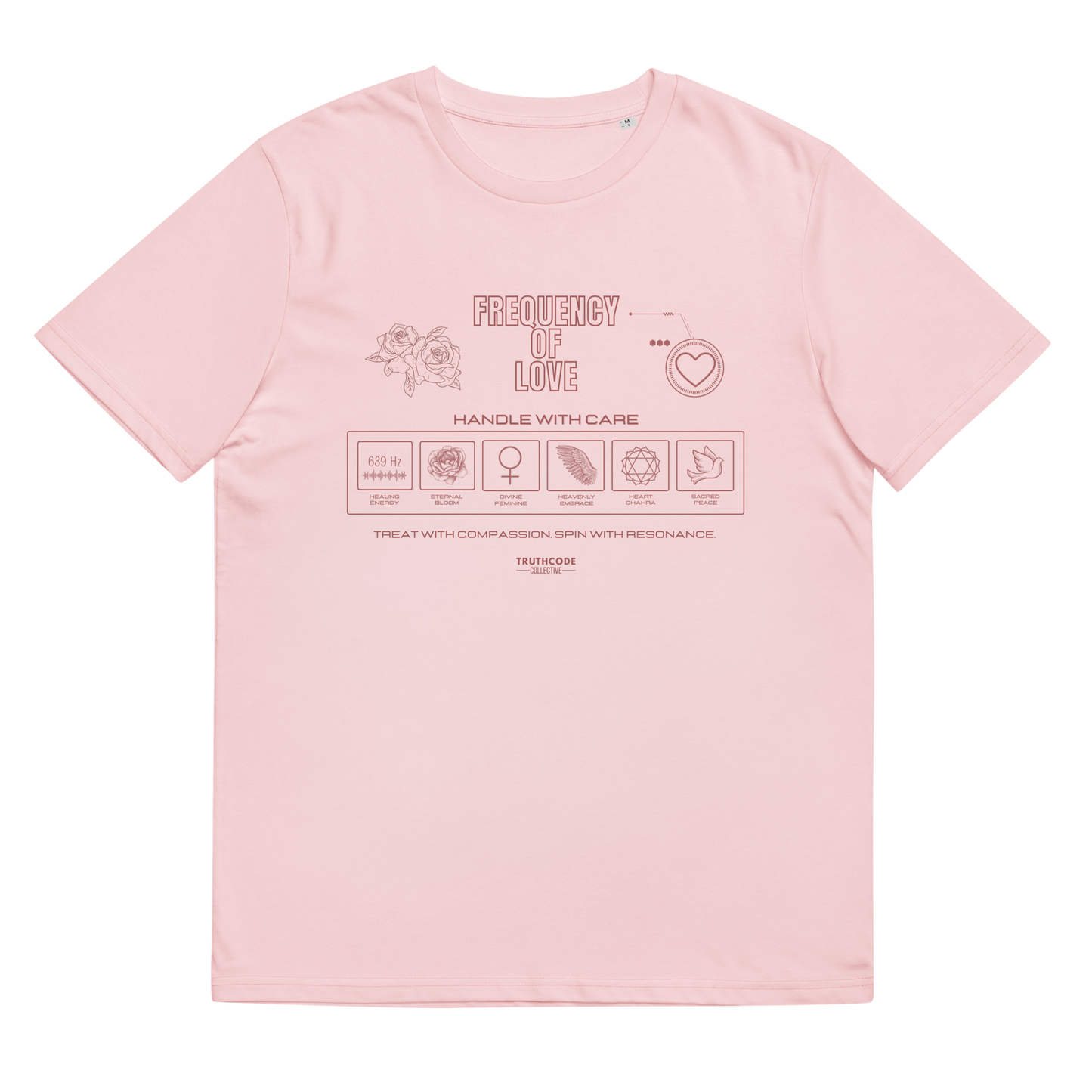 Pink organic t-shirt with text 'Frequency of love' and laundry tag style graphics with symbols relating to love, on a white background
