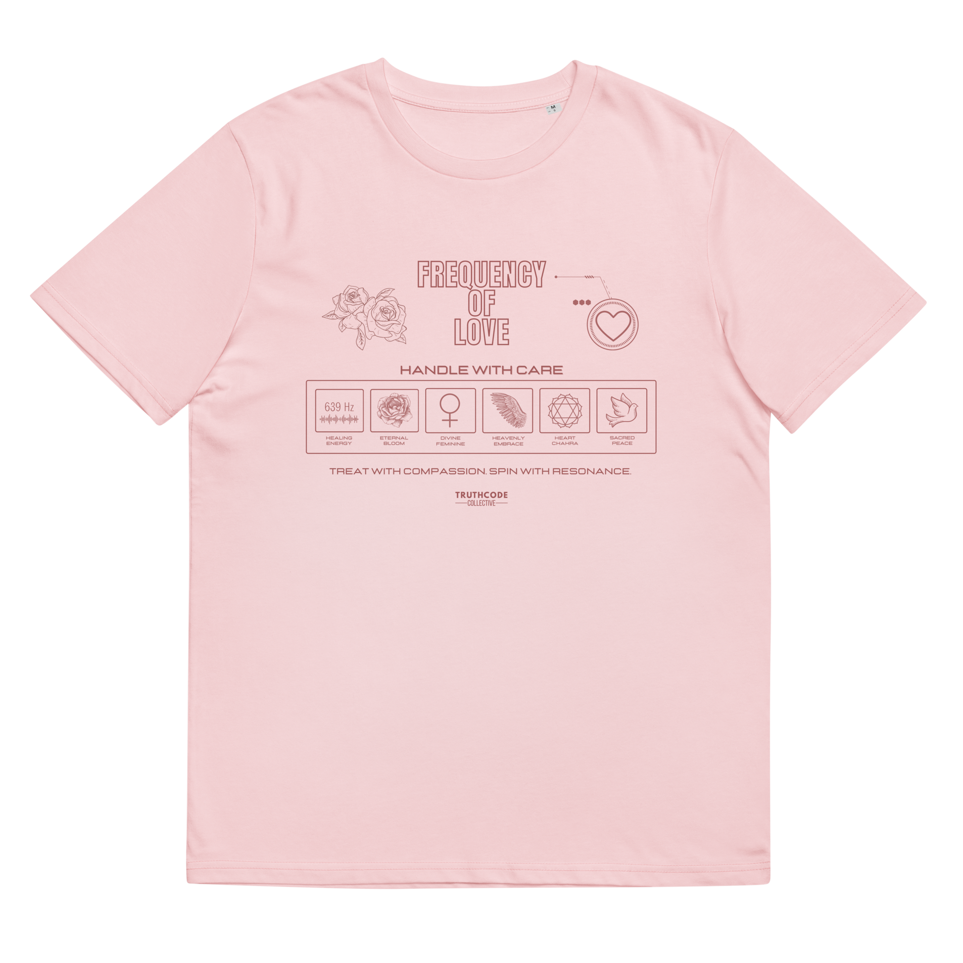 Pink organic t-shirt with text 'Frequency of love' and laundry tag style graphics with symbols relating to love, on a white background