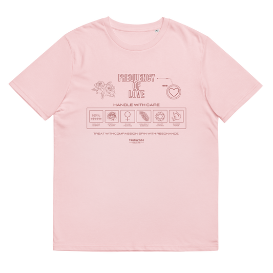 Pink organic t-shirt with text 'Frequency of love' and laundry tag style graphics with symbols relating to love, on a white background