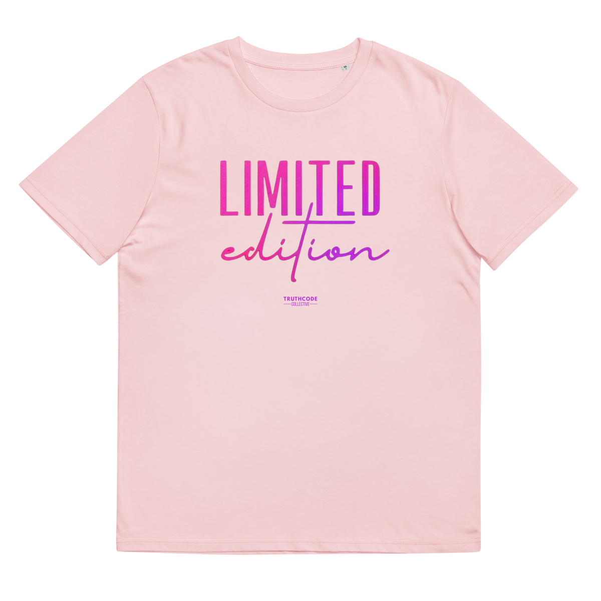 Pink organic t-shirt with 'LIMITED edition' text design, on a white background