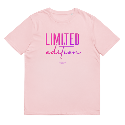 Pink organic t-shirt with 'LIMITED edition' text design, on a white background
