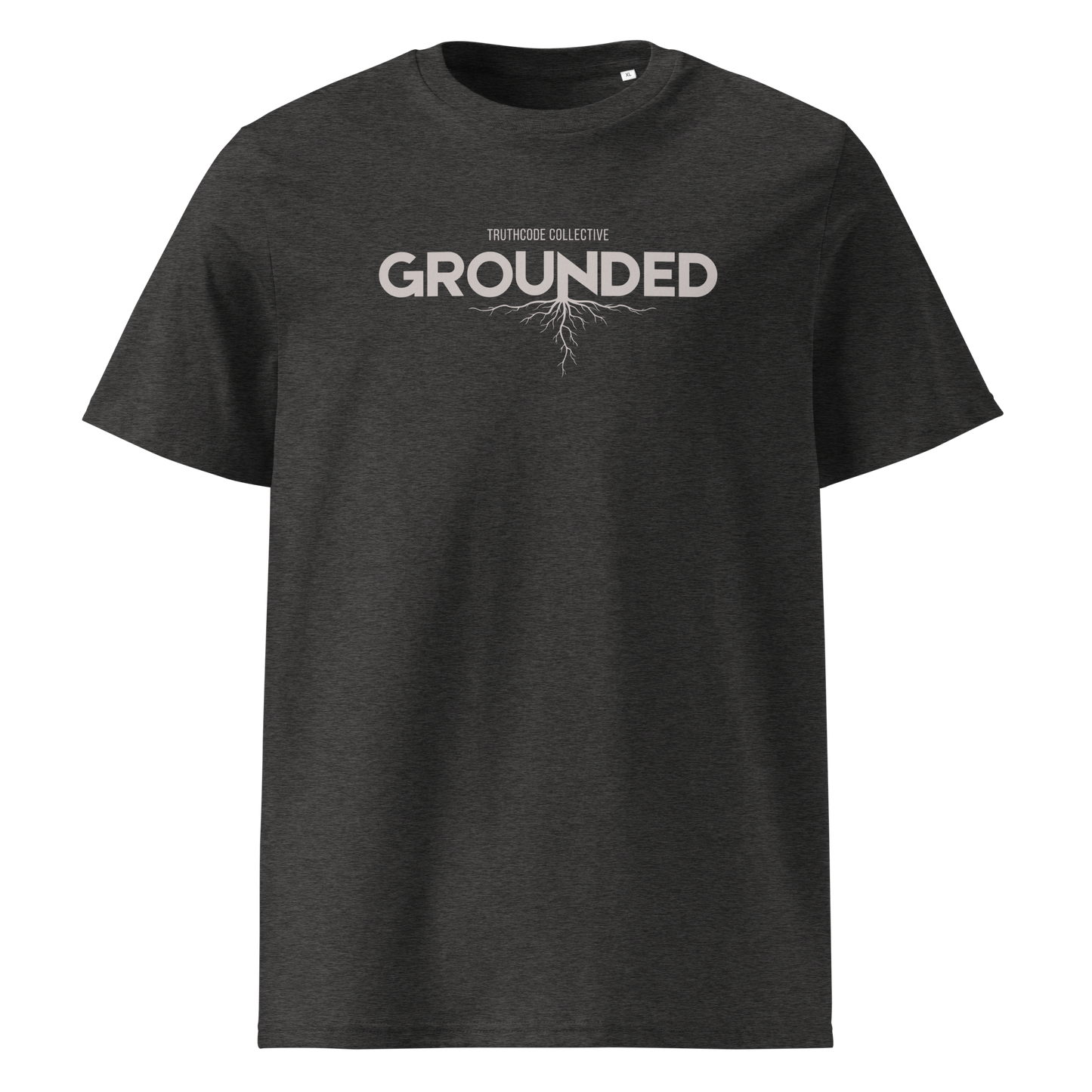 Grey organic t-shirt with 'GROUNDED' text and tree root graphic extending down
