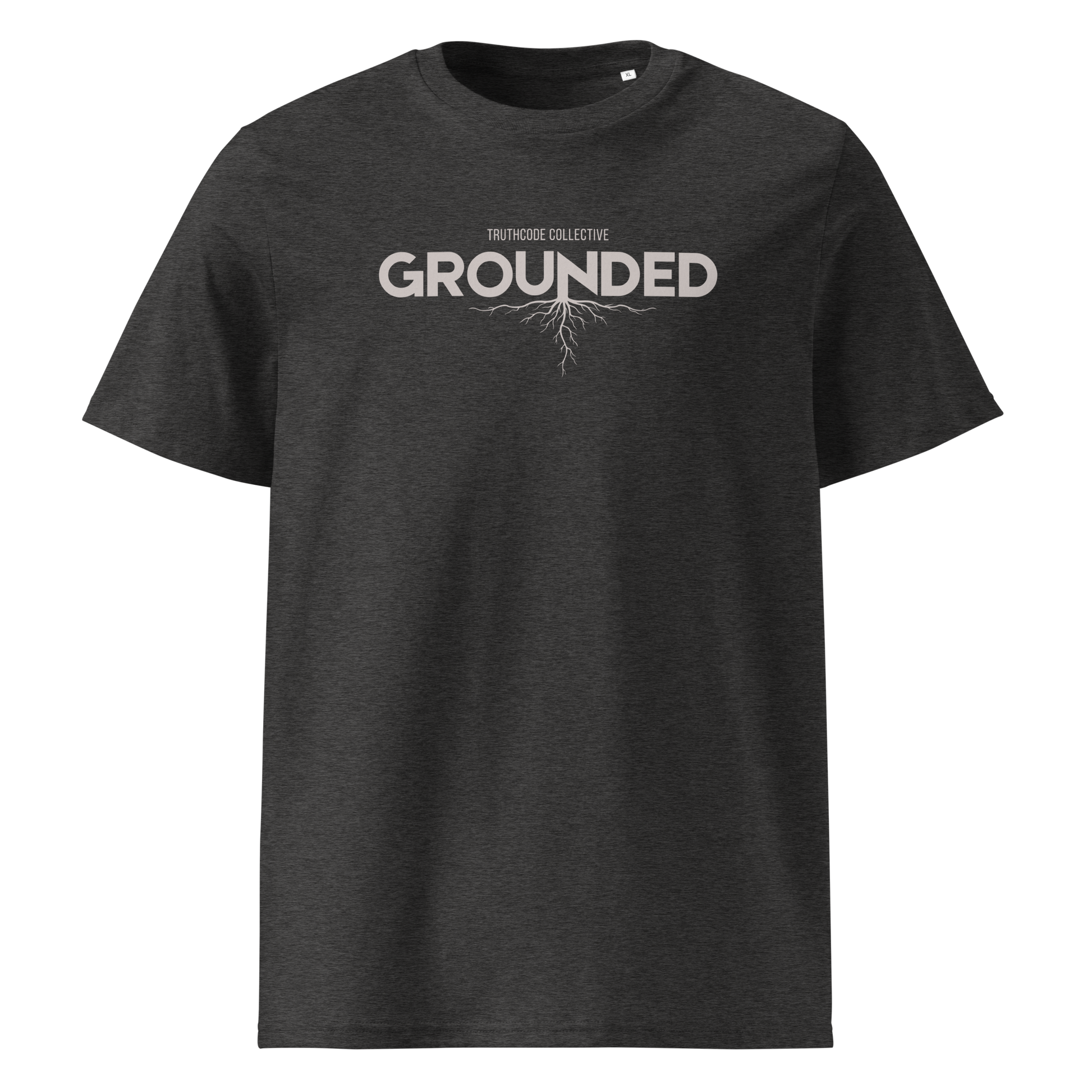 Grey organic t-shirt with 'GROUNDED' text and tree root graphic extending down