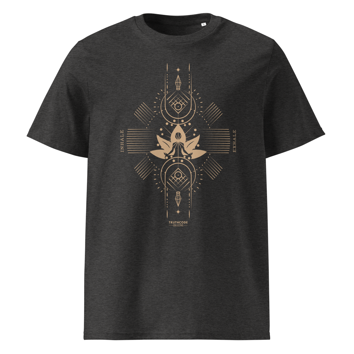 Dark gray organic t-shirt with geometric design, lotus flower and meditating person, with text reading 'Inhale, exhale'