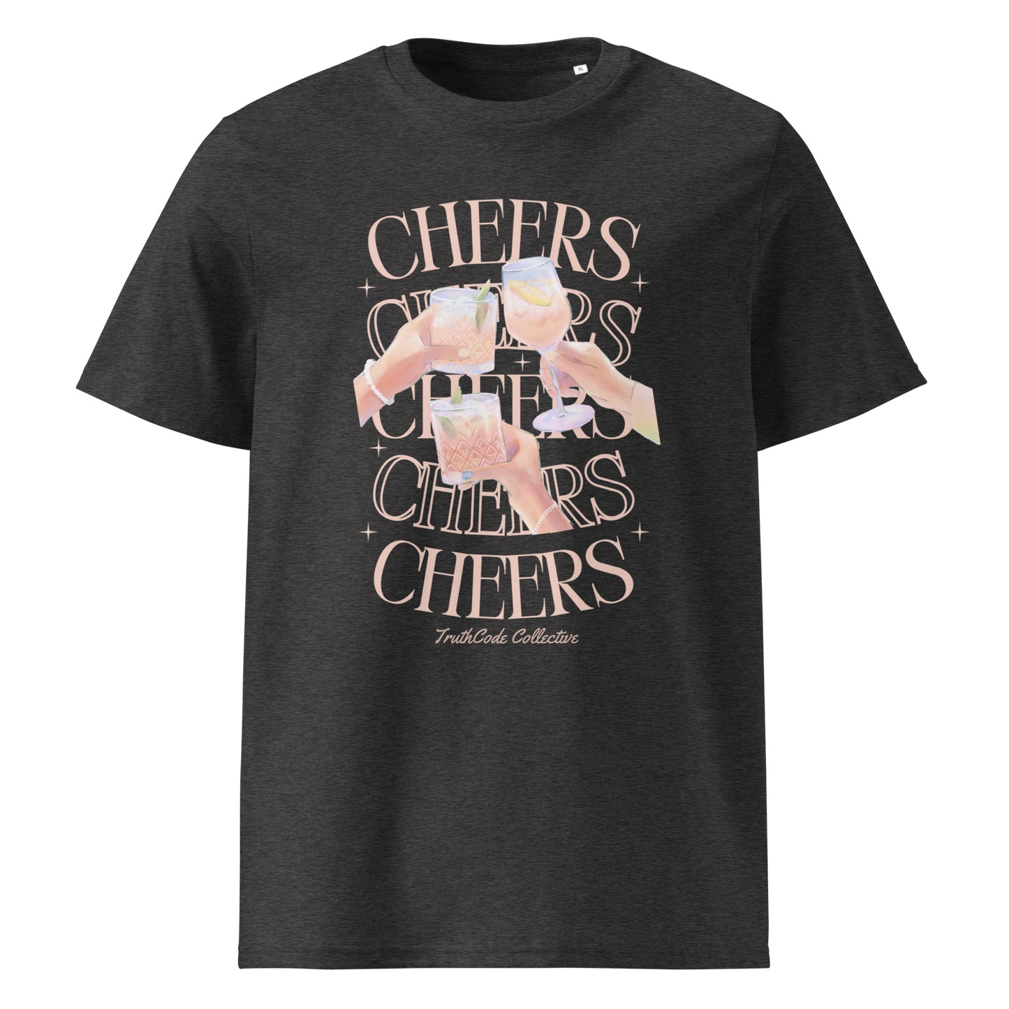 Dark gray organic t-shirt with watercolor style floral and sun design and text 'Be the Light' 