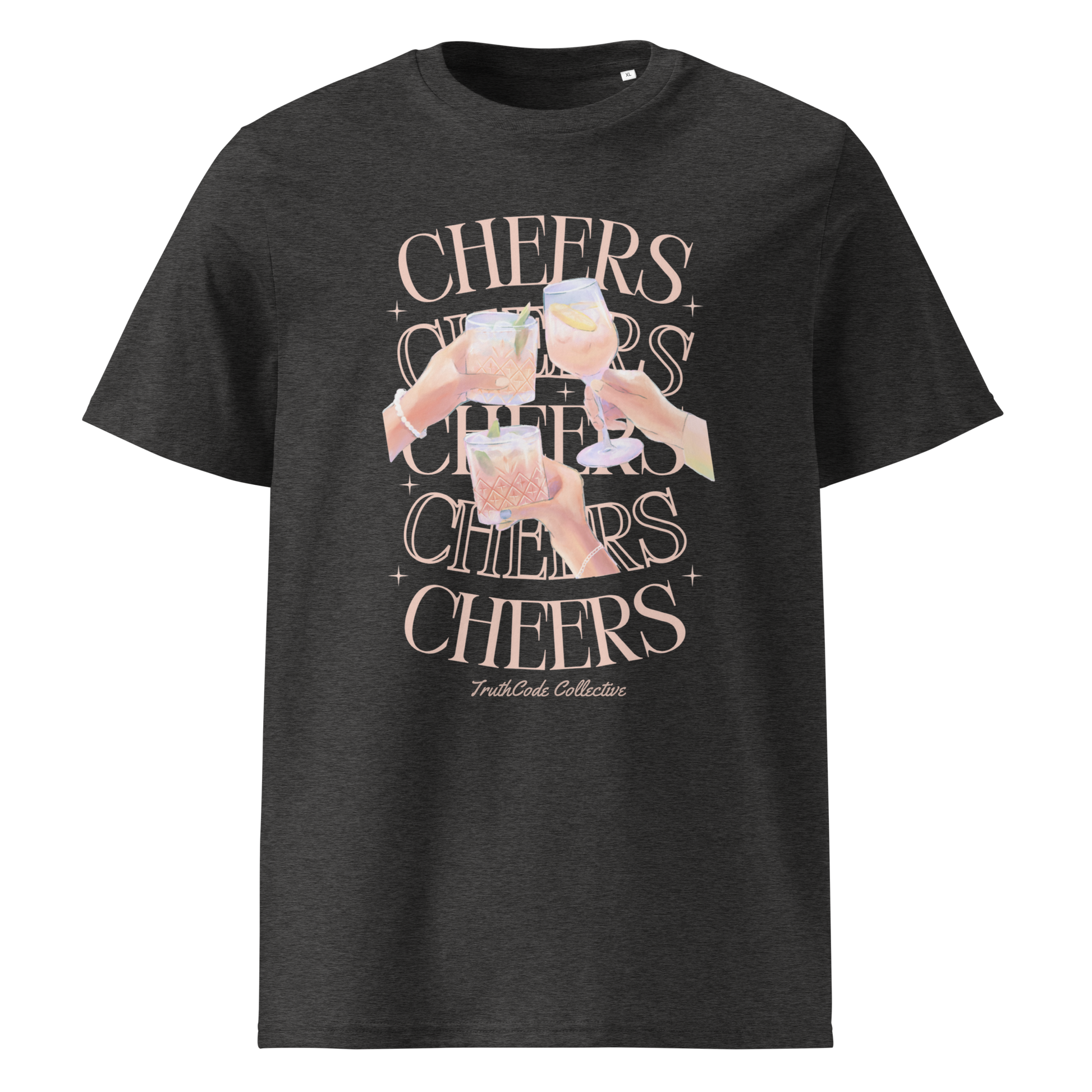 Dark gray organic t-shirt with watercolor style floral and sun design and text 'Be the Light' 