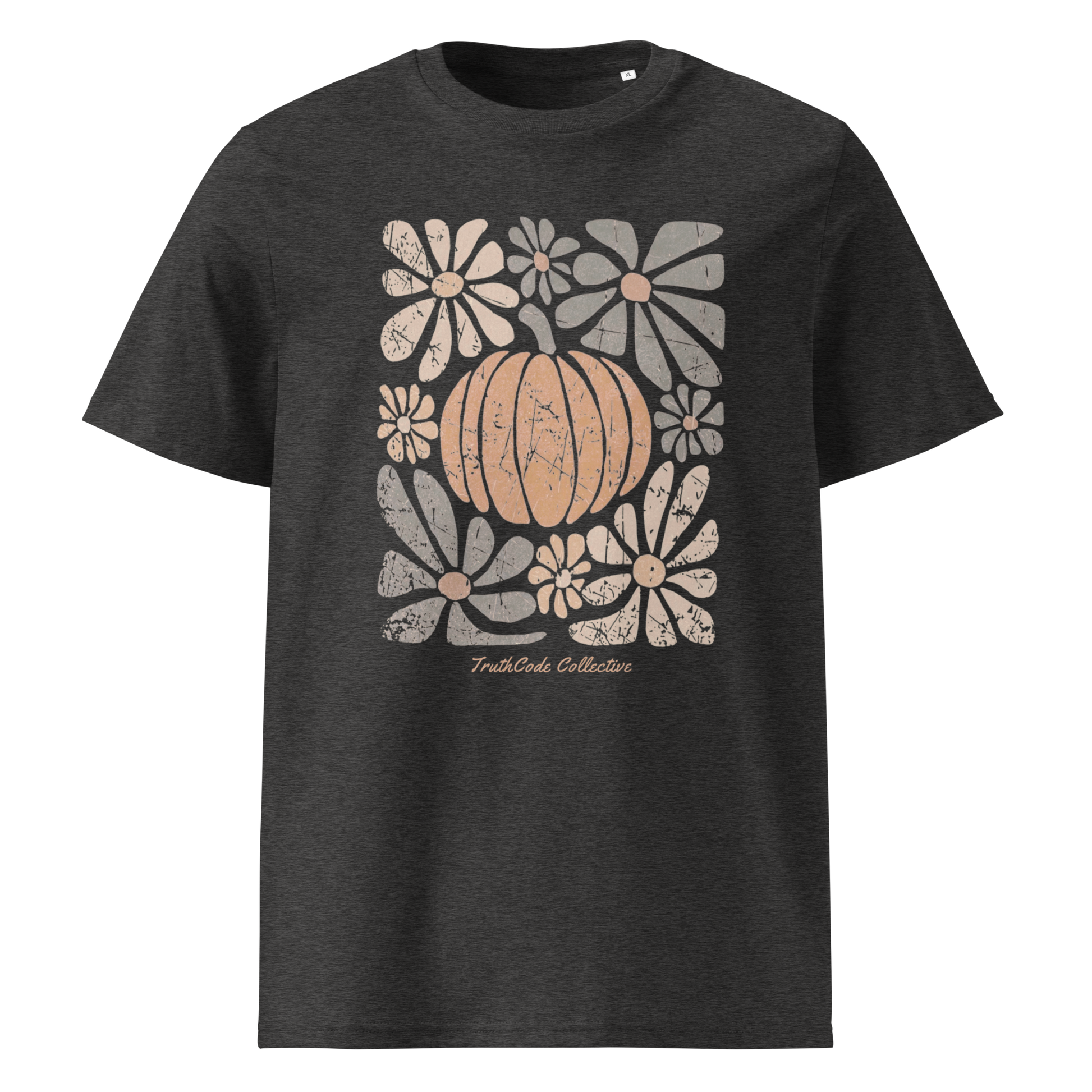 Gray organic t-shirt with text 'Frequency of love'  with symbols and graphics relating to it on a white background