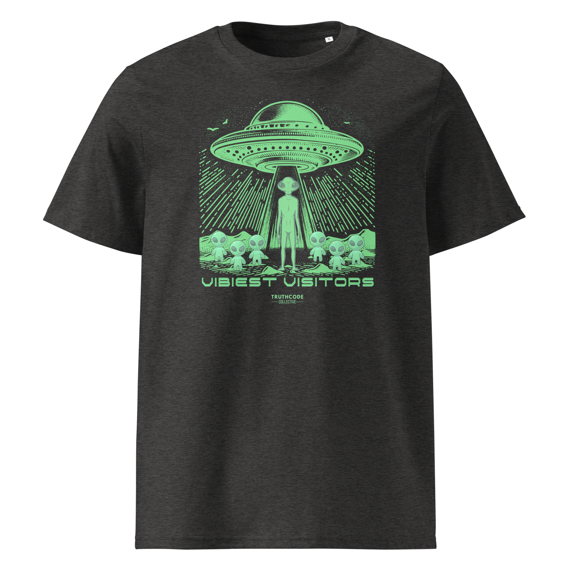 Dark gray organic t-shirt with green alien abduction graphic and text 'Vibiest visitors' on a white background