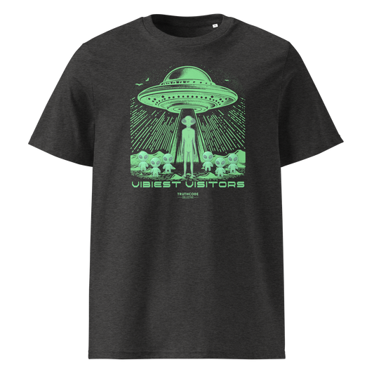 Dark gray organic t-shirt with green alien abduction graphic and text 'Vibiest visitors' on a white background