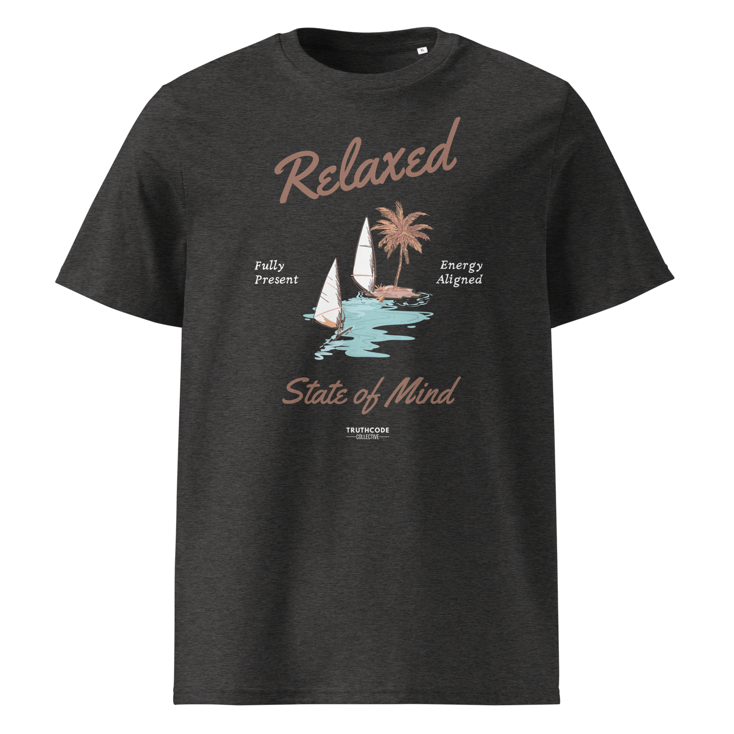 Dark gray organic t-shirt with a sailboat graphic and text 'Relaxed state of mind' on a white background