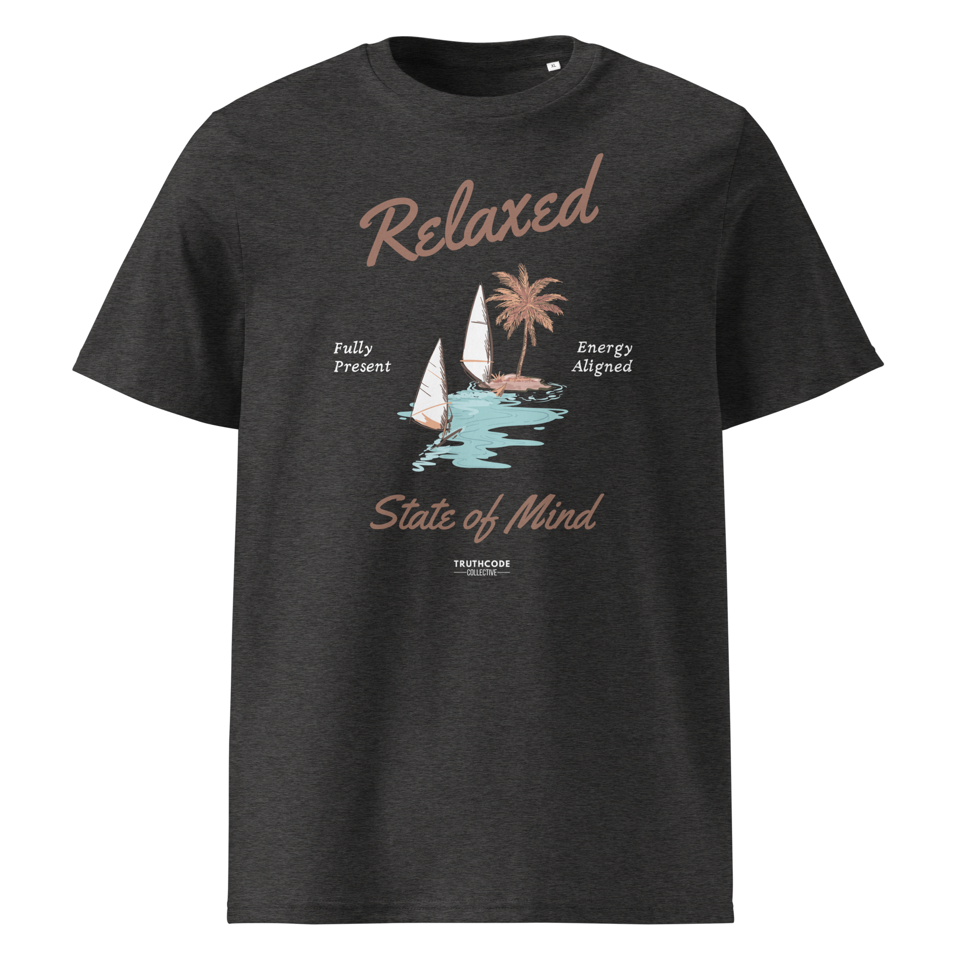 Dark gray organic t-shirt with a sailboat graphic and text 'Relaxed state of mind' on a white background