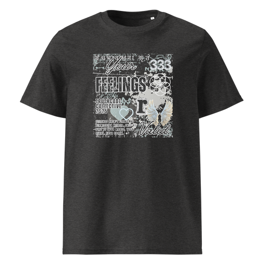 Dark grey organic t-shirt with white graphic collage type design and text 'Your feelings  r valid' on a white background