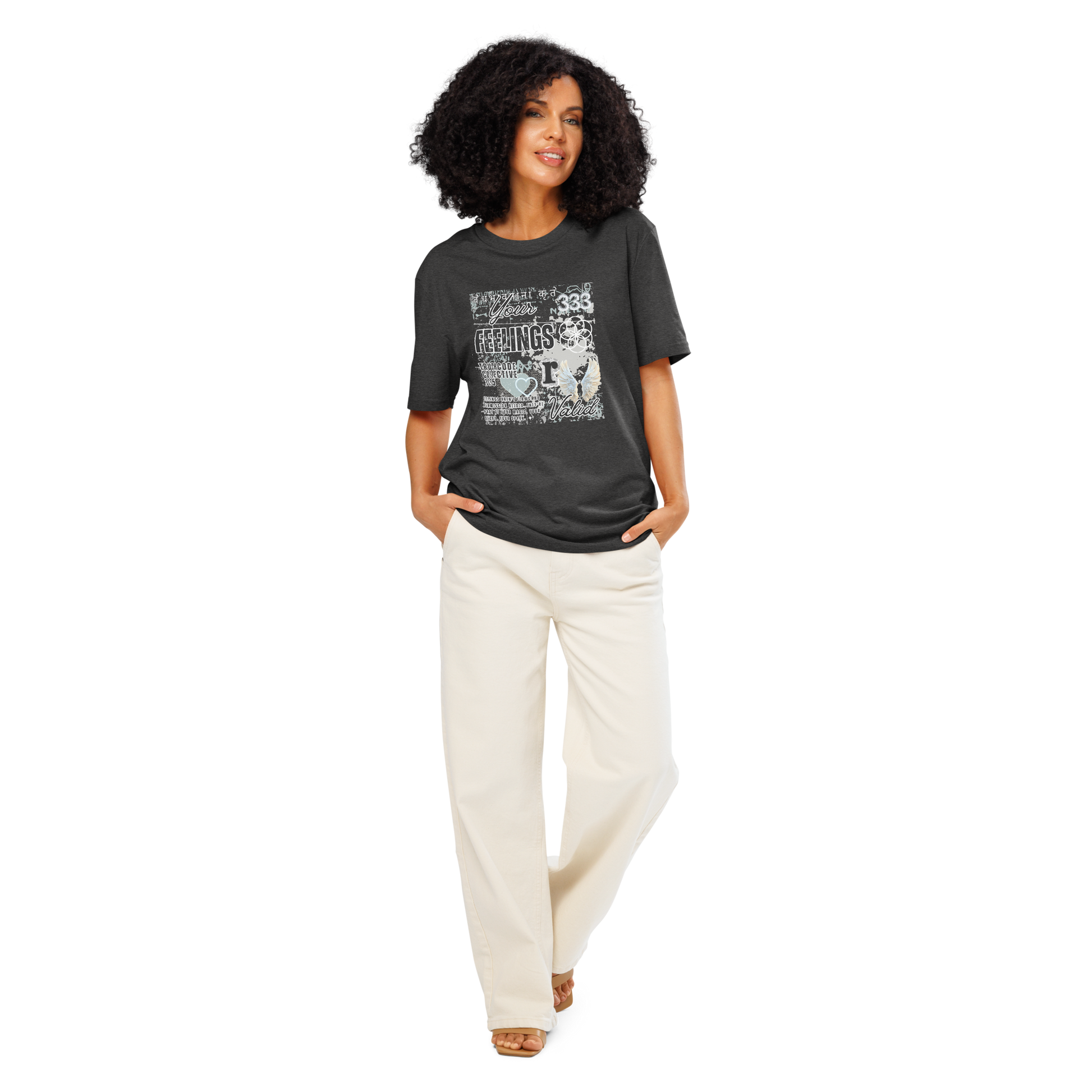 Woman wearing dark gray organic t-shirt with white graphic collage type design and text 'Your feelings  r valid' on a white background