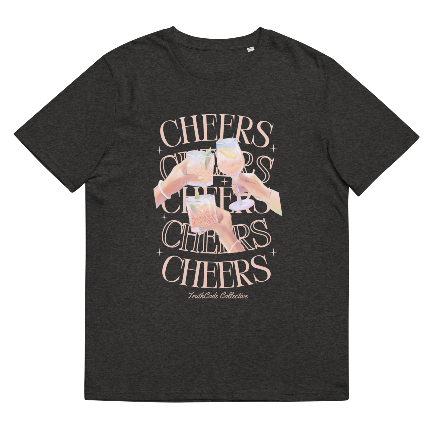 Dark gray organic t-shirt with 'Cheers' text and graphic design of hands clinking glasses on a white background
