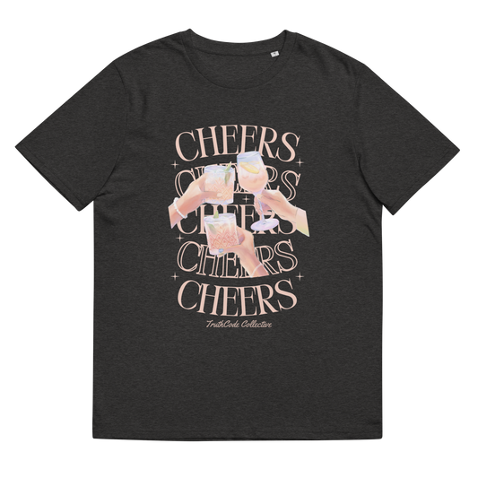 Dark gray organic t-shirt with 'Cheers' text and graphic design of hands clinking glasses on a white background