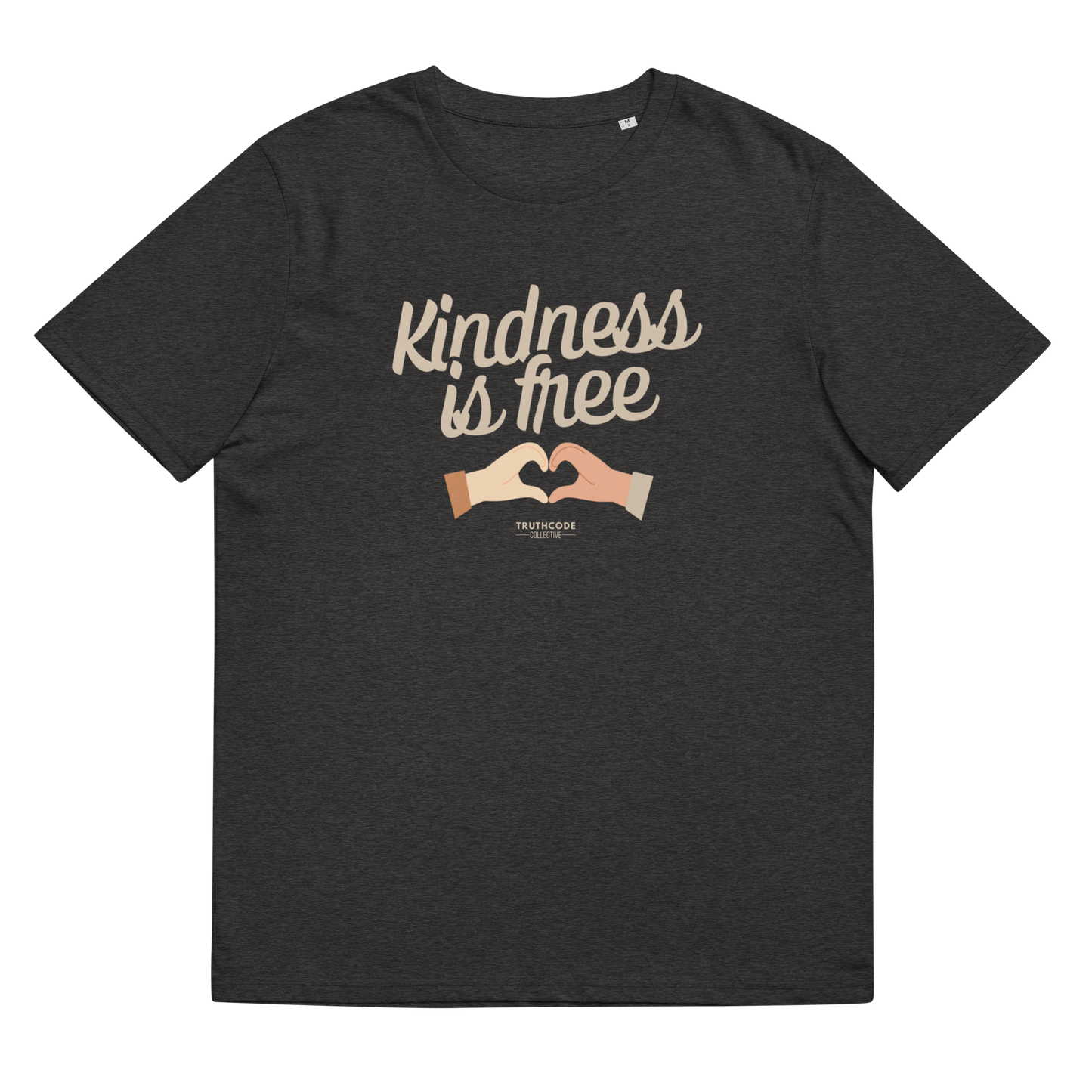 Dark gray organic t-shirt with 'Kindness is free' text and heart hands graphic, shirt on a white background