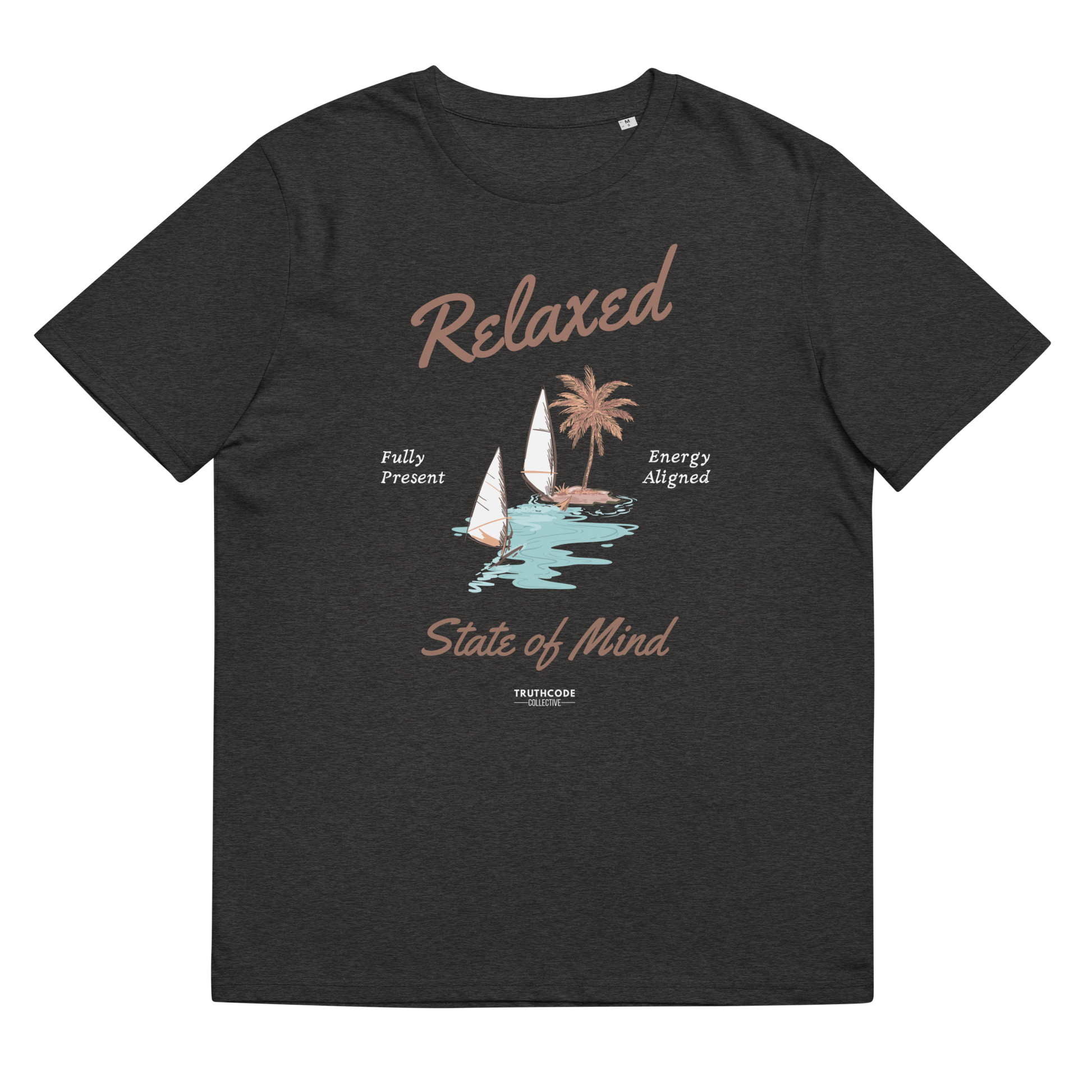Dark gray organic t-shirt with a sailboat graphic and text 'Relaxed state of mind', shirt on a white background