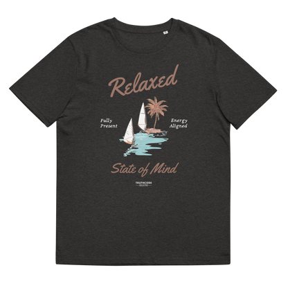 Dark gray organic t-shirt with a sailboat graphic and text 'Relaxed state of mind', shirt on a white background