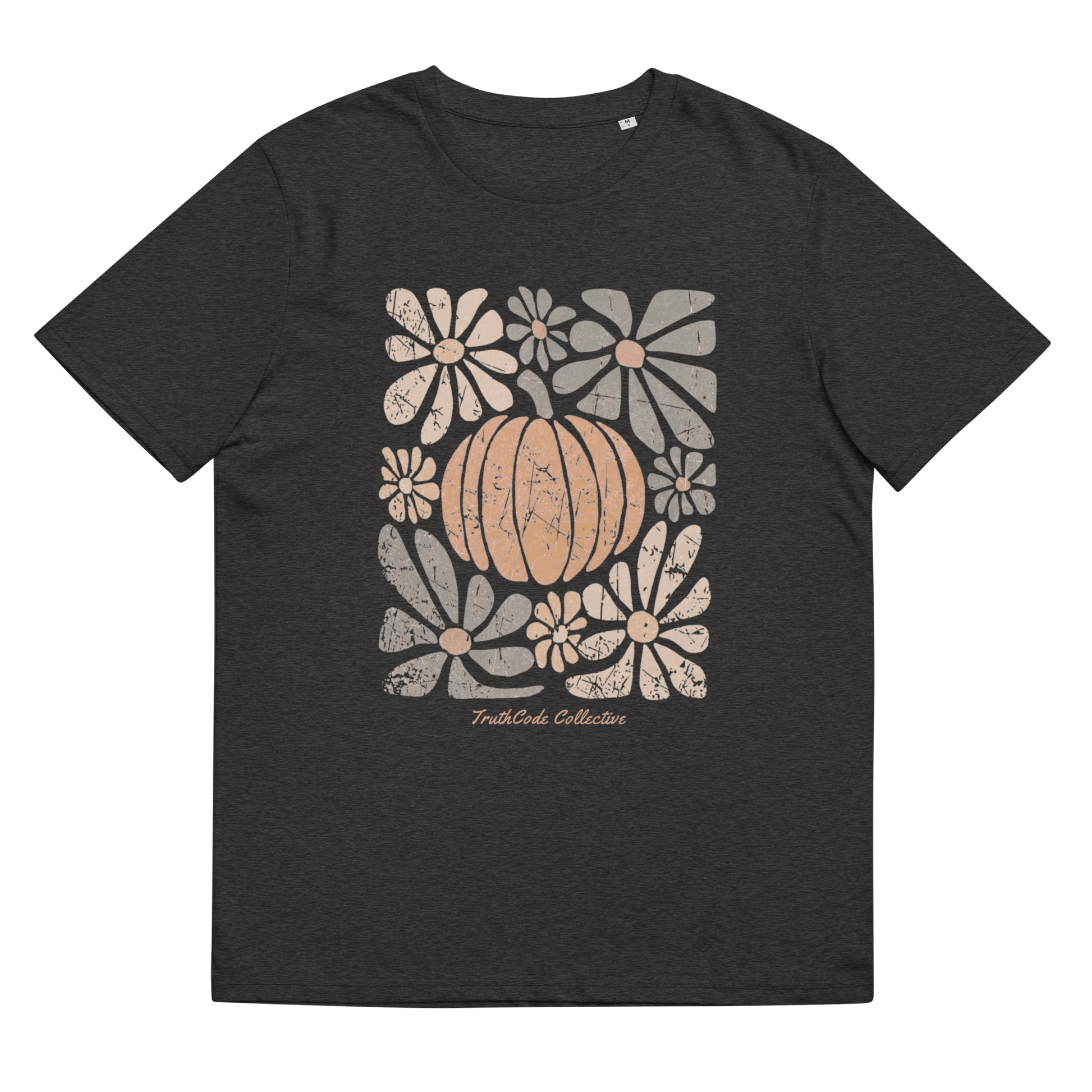 Dark gray organic t-shirt with a pumpkin and floral design on a white background