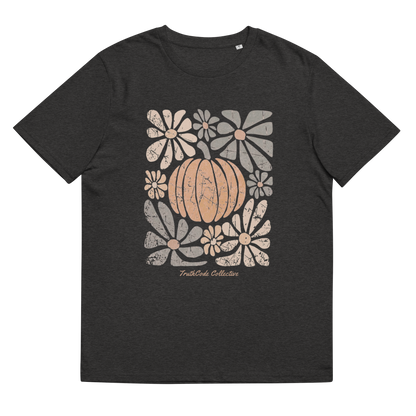 Dark gray organic t-shirt with a pumpkin and floral design on a white background