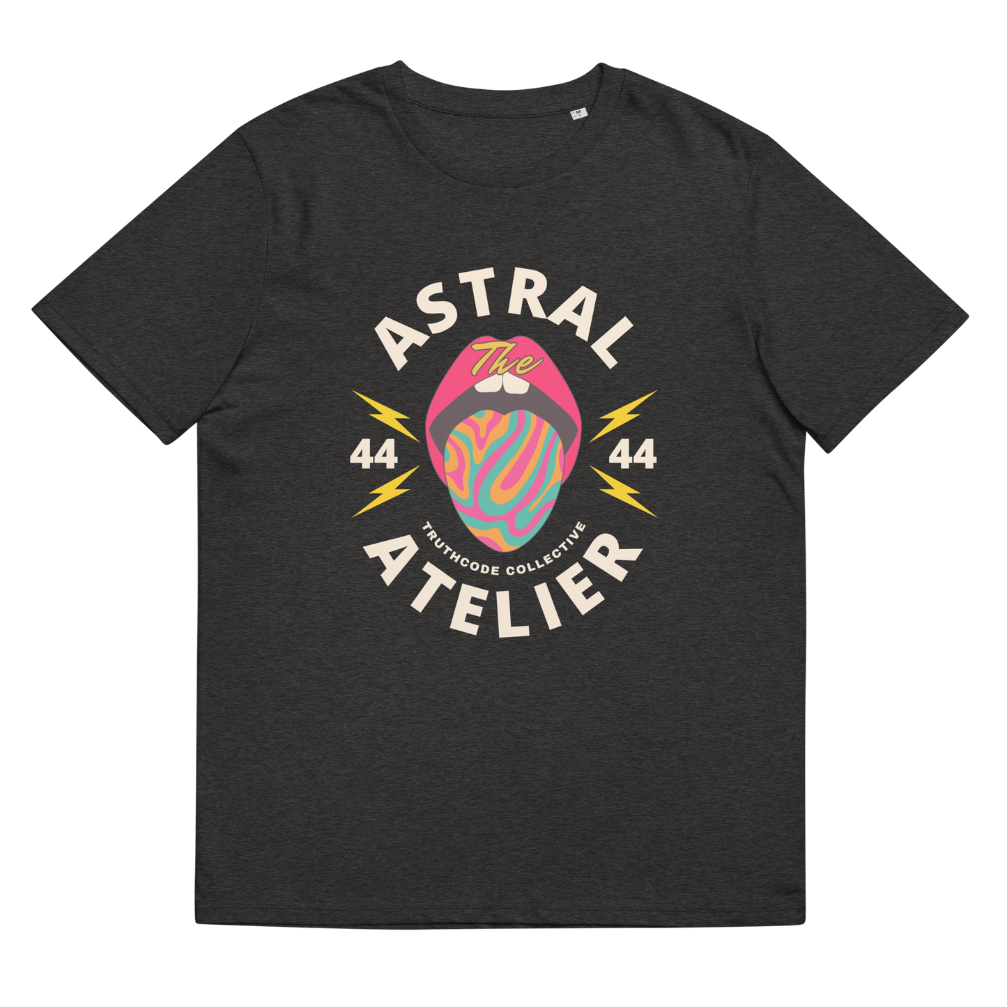 Dark gray organic t-shirt with a colorful graphic design and text 'Astral Atelier' on a plain background