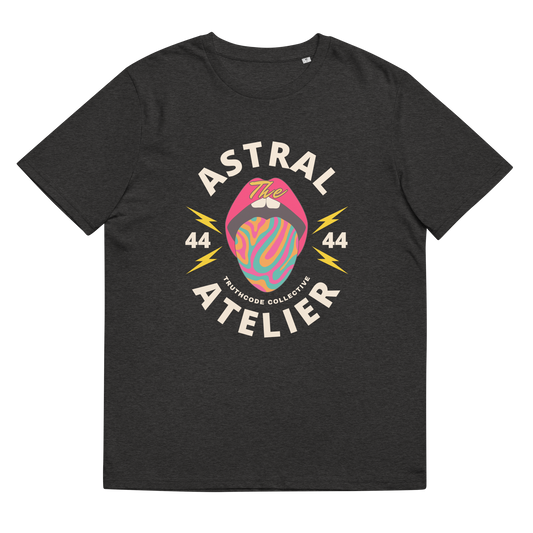 Dark gray organic t-shirt with a colorful graphic design and text 'Astral Atelier' on a plain background