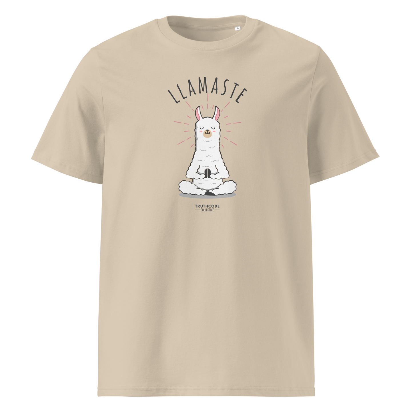 Beige organic t-shirt with a llama graphic in meditative pose and 'LLAMASTE' text on a white background