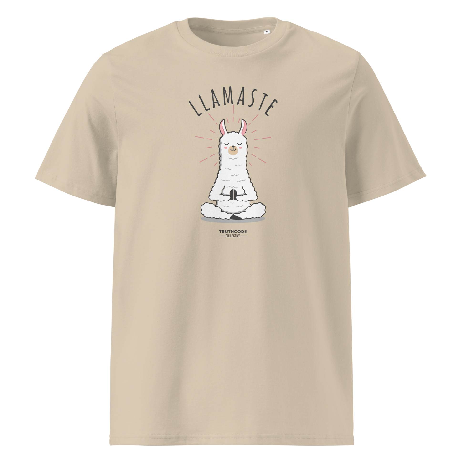 Beige organic t-shirt with a llama graphic in meditative pose and 'LLAMASTE' text on a white background