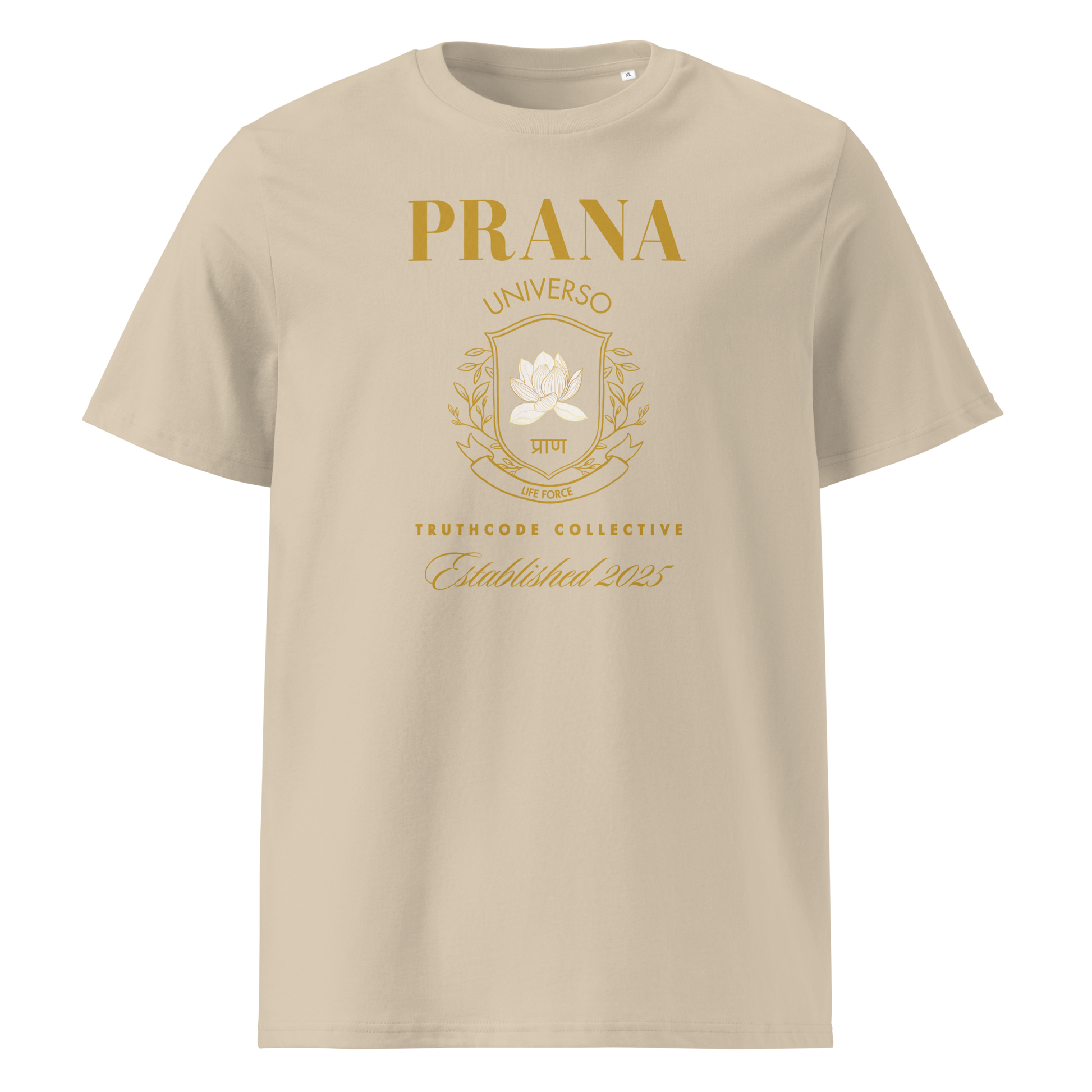 Beige organic t-shirt with gold 'Prana' crest design on a white background