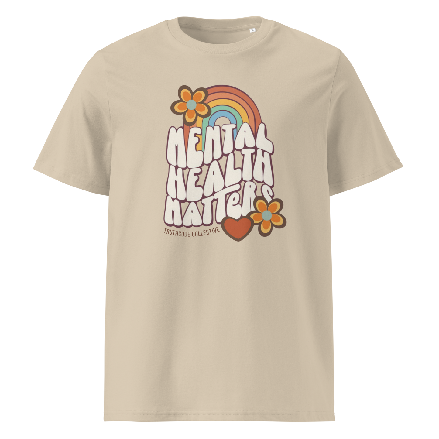 Beige organic t-shirt with 'Mental Health Matters' graphic design featuring a rainbow and flowers 