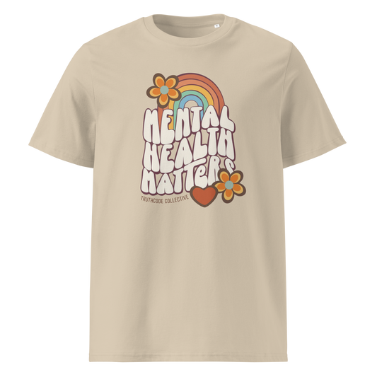 Beige organic t-shirt with 'Mental Health Matters' graphic design featuring a rainbow and flowers 
