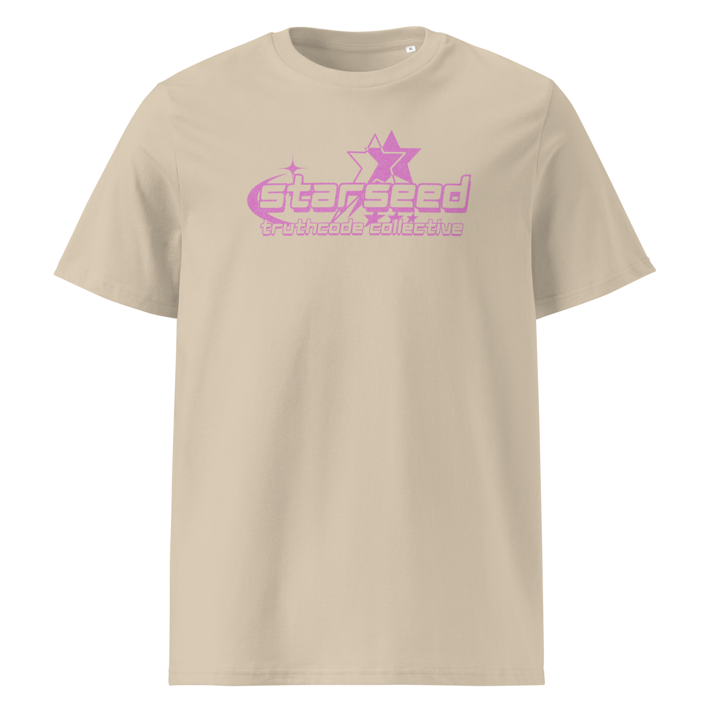 Beige organic t-shirt with a purple star graphic and  text 'Starseed' on a white background