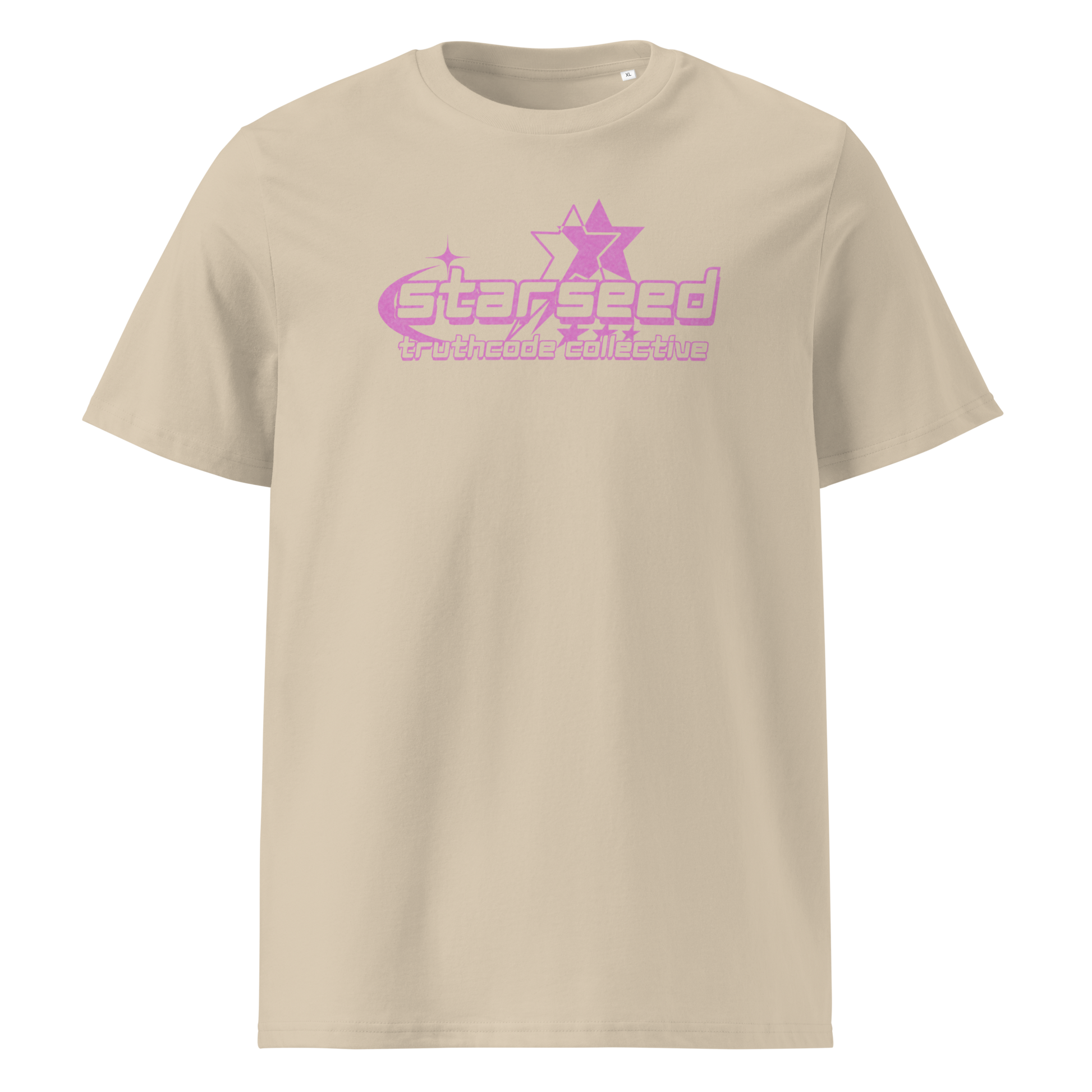 Beige organic t-shirt with a purple star graphic and  text 'Starseed' on a white background