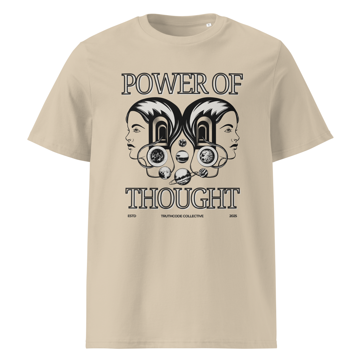 Beige organic t-shirt with 'Power of Thought' text and design of graphics of the universe coming from 2 heads on a white background