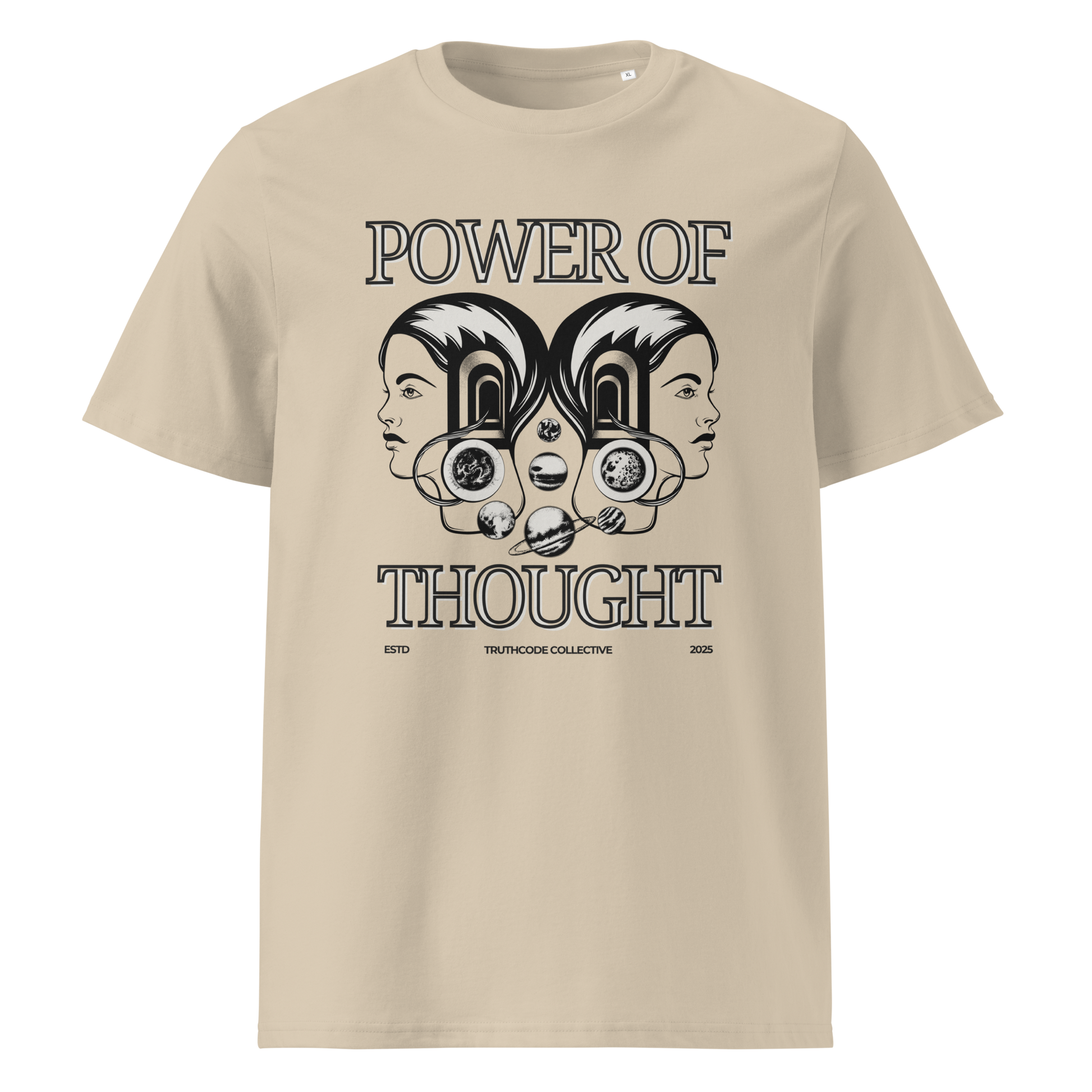 Beige organic t-shirt with 'Power of Thought' text and design of graphics of the universe coming from 2 heads on a white background
