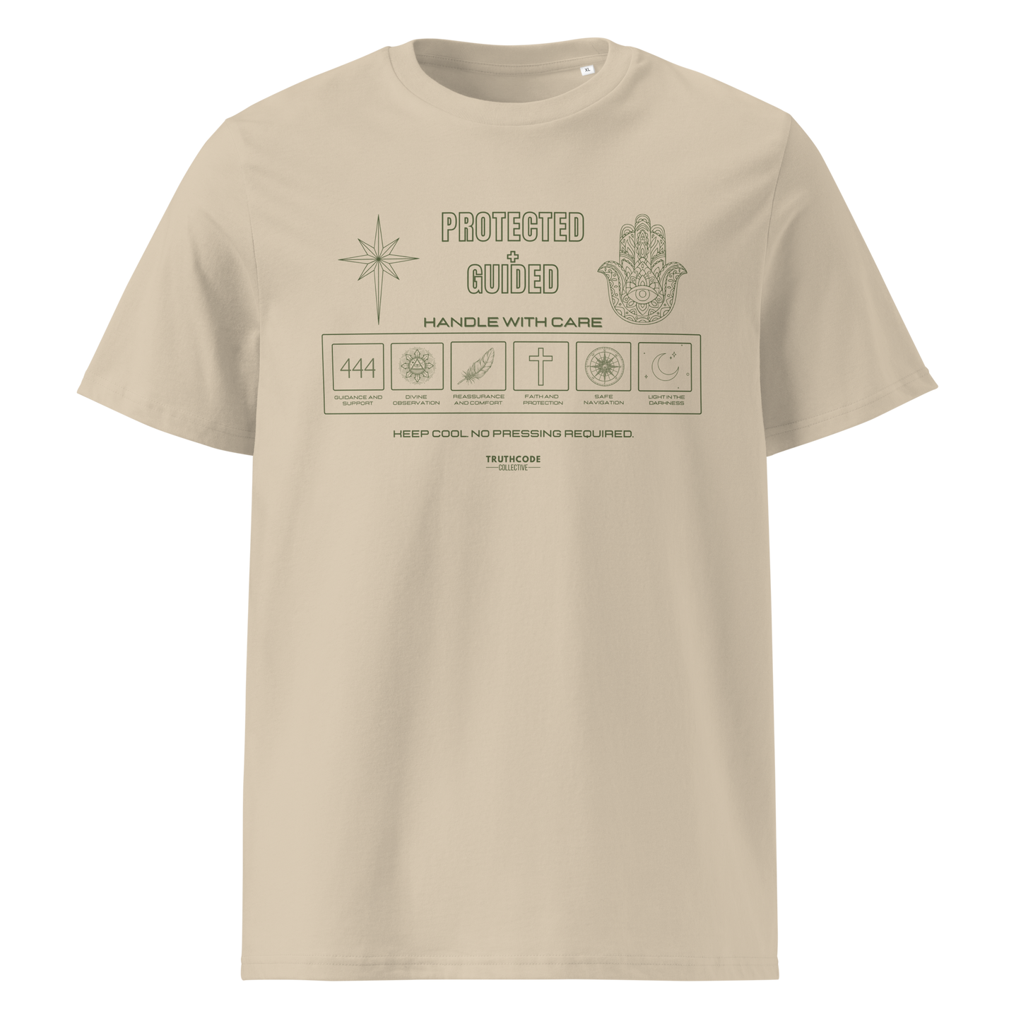 Beige organic t-shirt with text 'Protected + guided' with symbols and graphics relating to it on a white background