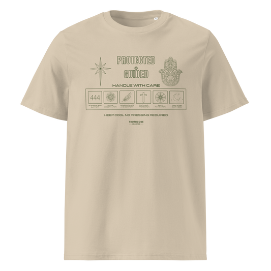 Beige organic t-shirt with text 'Protected + guided' with symbols and graphics relating to it on a white background