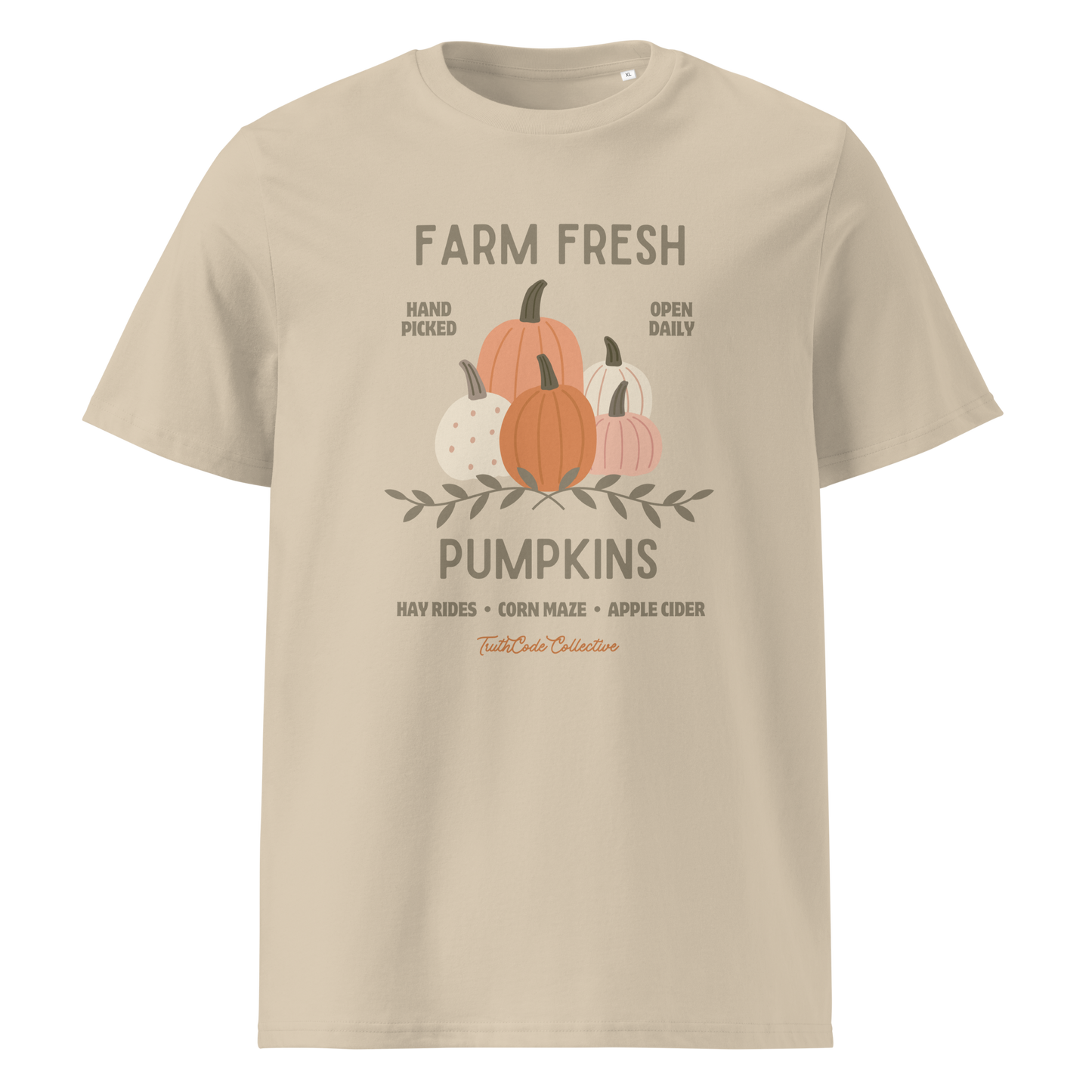 Beige organic t-shirt with 'Farm Fresh Pumpkins' text and pumpkin graphic design on a white background