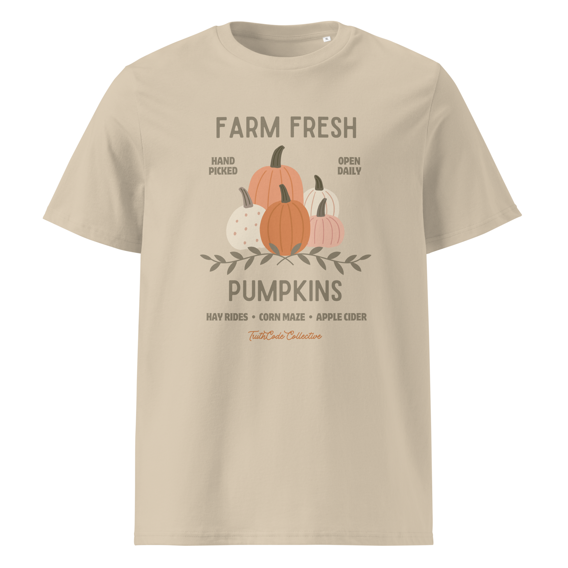 Beige organic t-shirt with 'Farm Fresh Pumpkins' text and pumpkin graphic design on a white background