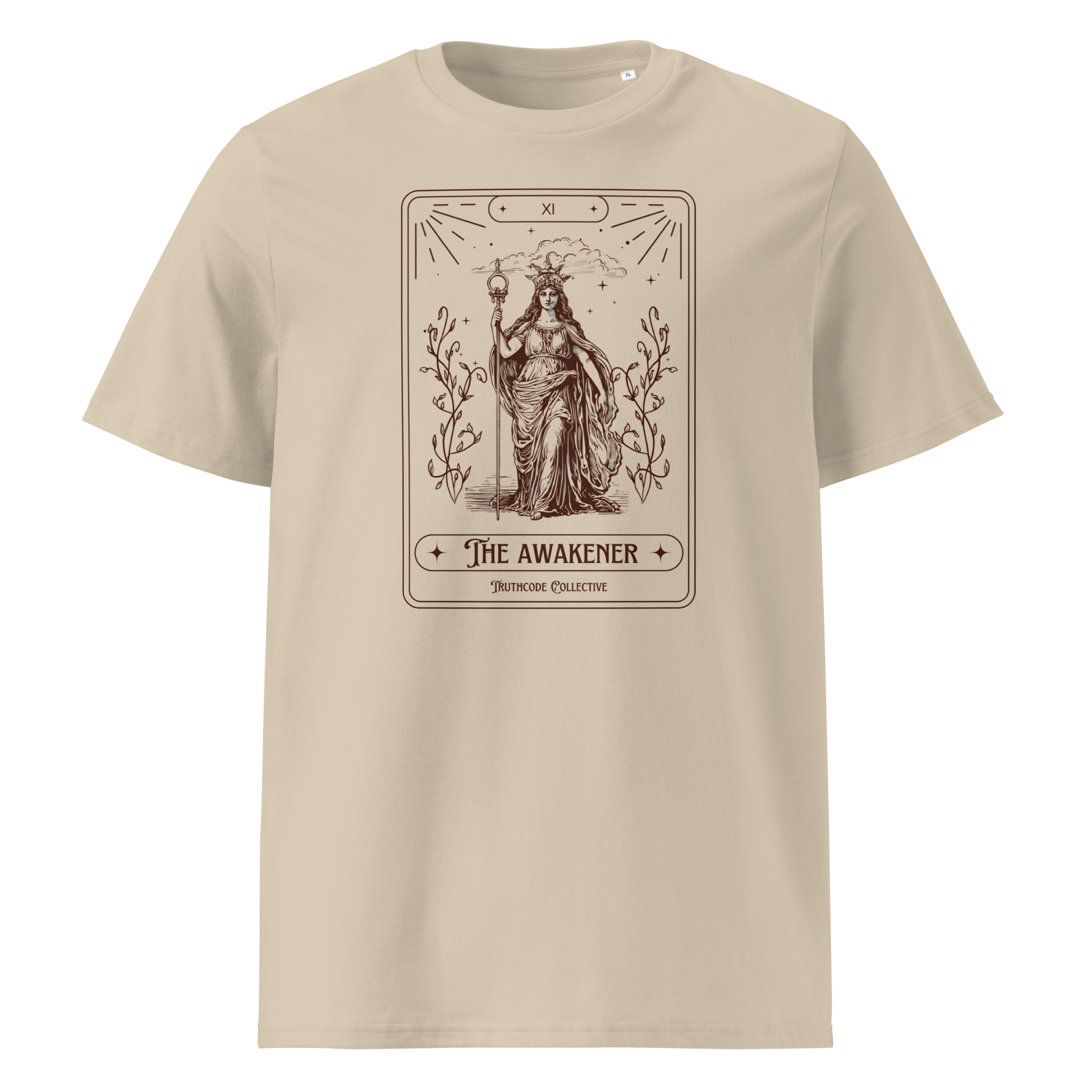 Beige organic t-shirt with 'The Awakener' tarot card design on a white background