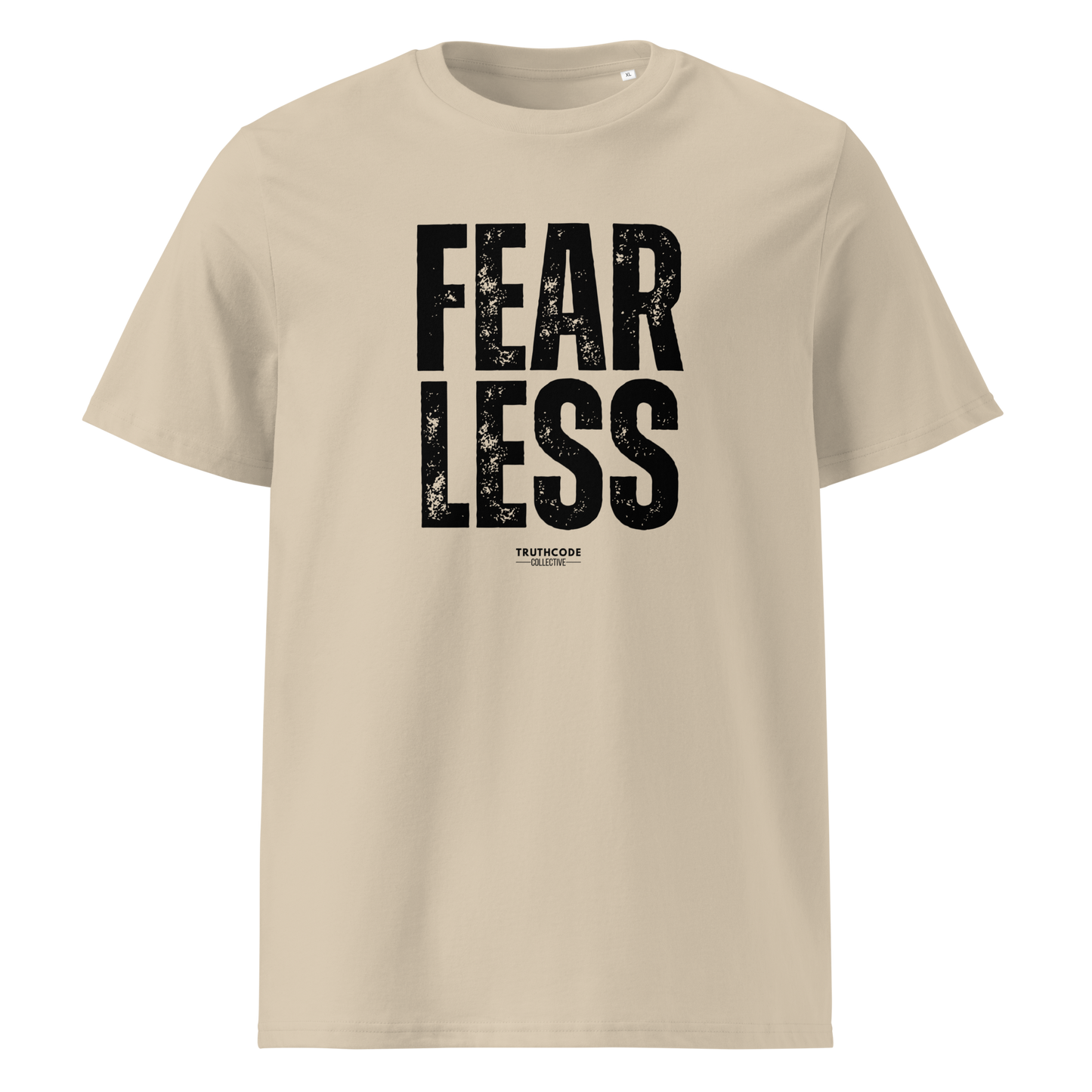Beige organic t-shirt with 'FEARLESS' text in black on a white background