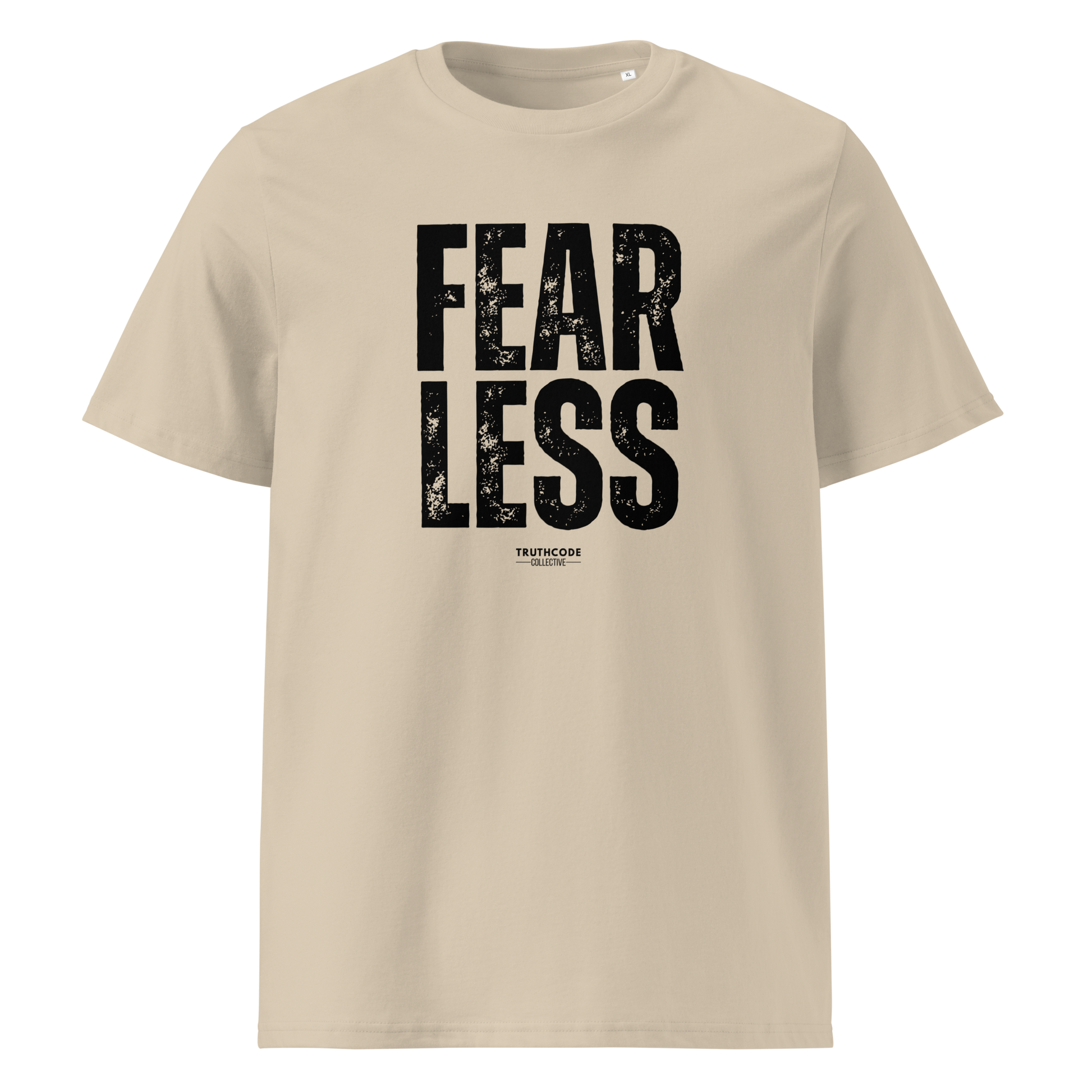Beige organic t-shirt with 'FEARLESS' text in black on a white background
