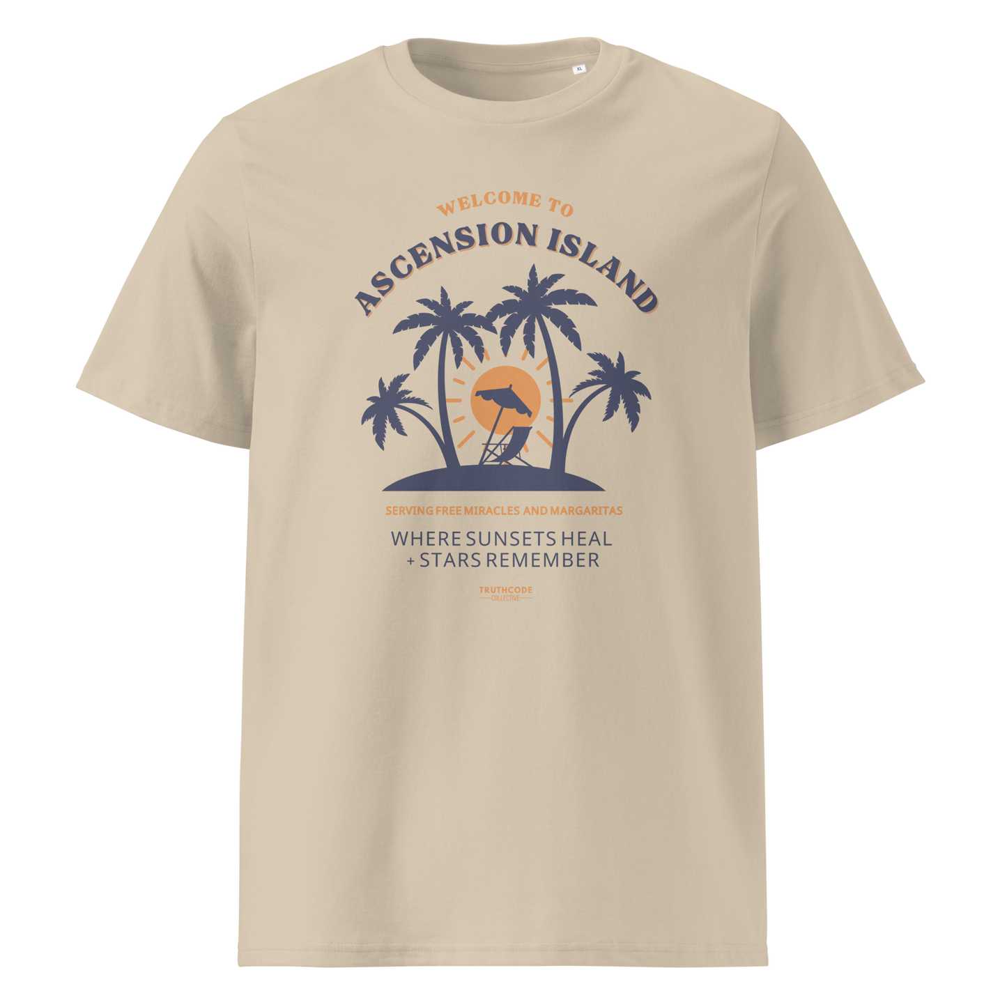 Beige organic t-shirt with palm tree design and text 'Ascension island, where sunsets heal + stars remember' on a white background