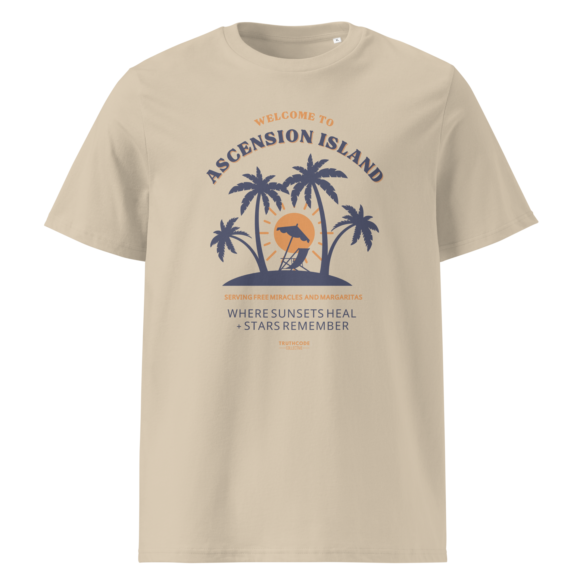 Beige organic t-shirt with palm tree design and text 'Ascension island, where sunsets heal + stars remember' on a white background