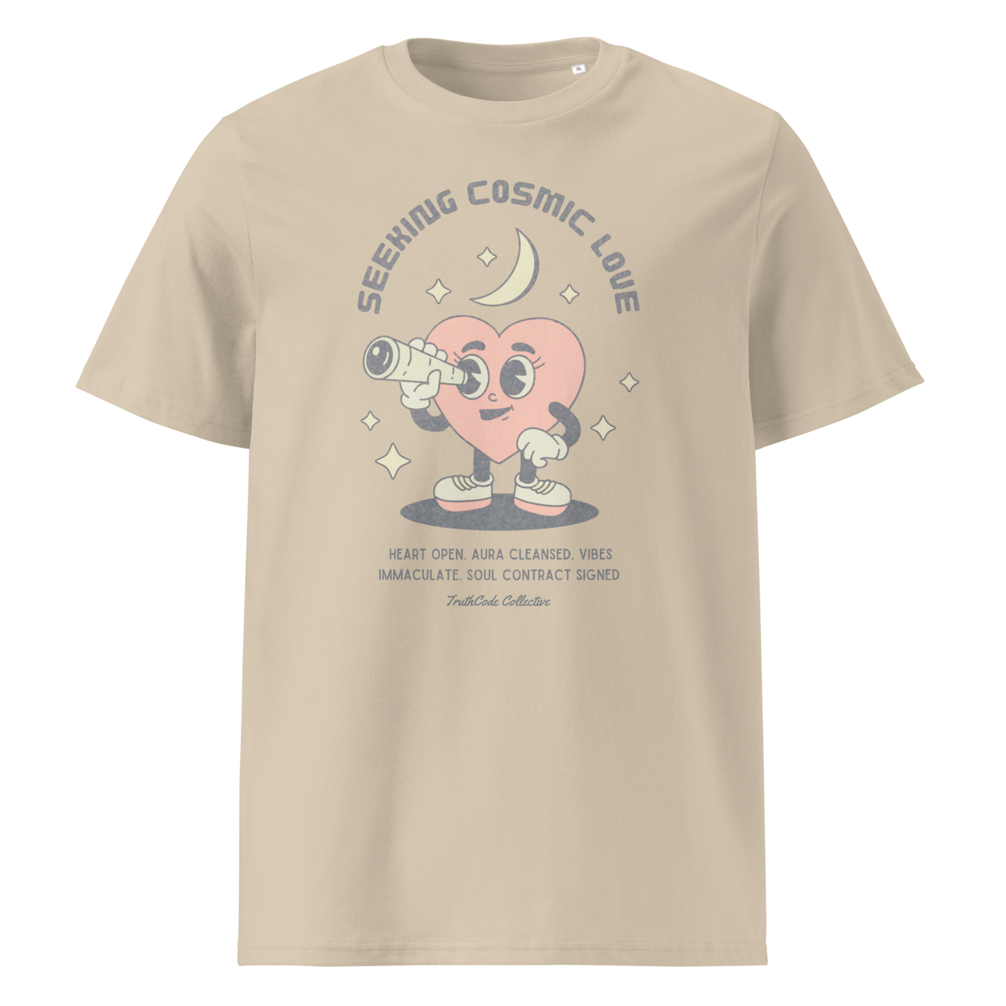 Beige organic t-shirt with a heart-shaped character holding a telescope and text 'Seeking Cosmic Love' on a white background.